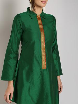 bottle green silk asymmetric kurta - 16651270 - Standard Image - 5