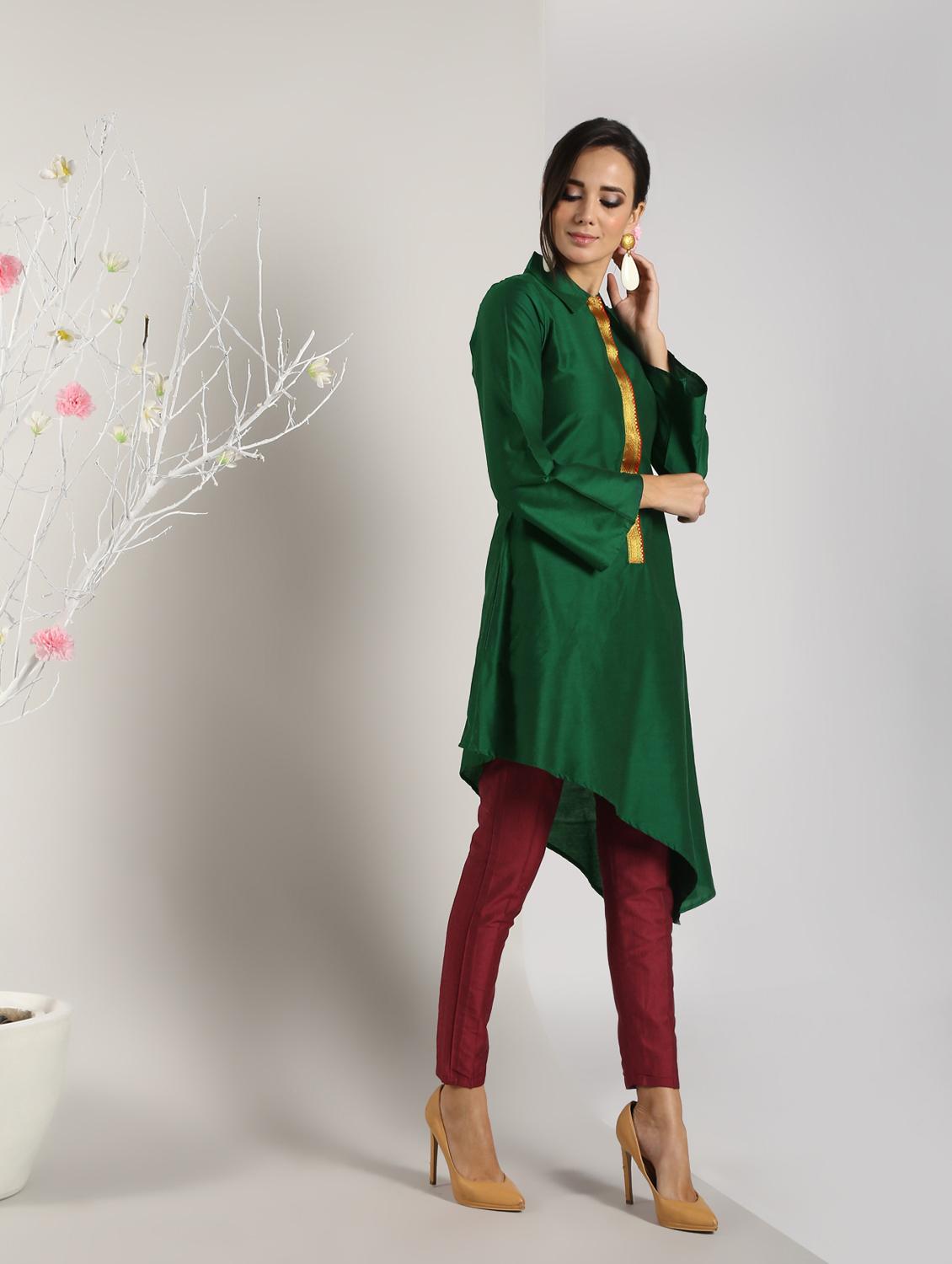 bottle green silk asymmetric kurta - 16651270 - Zoom Image - 2
