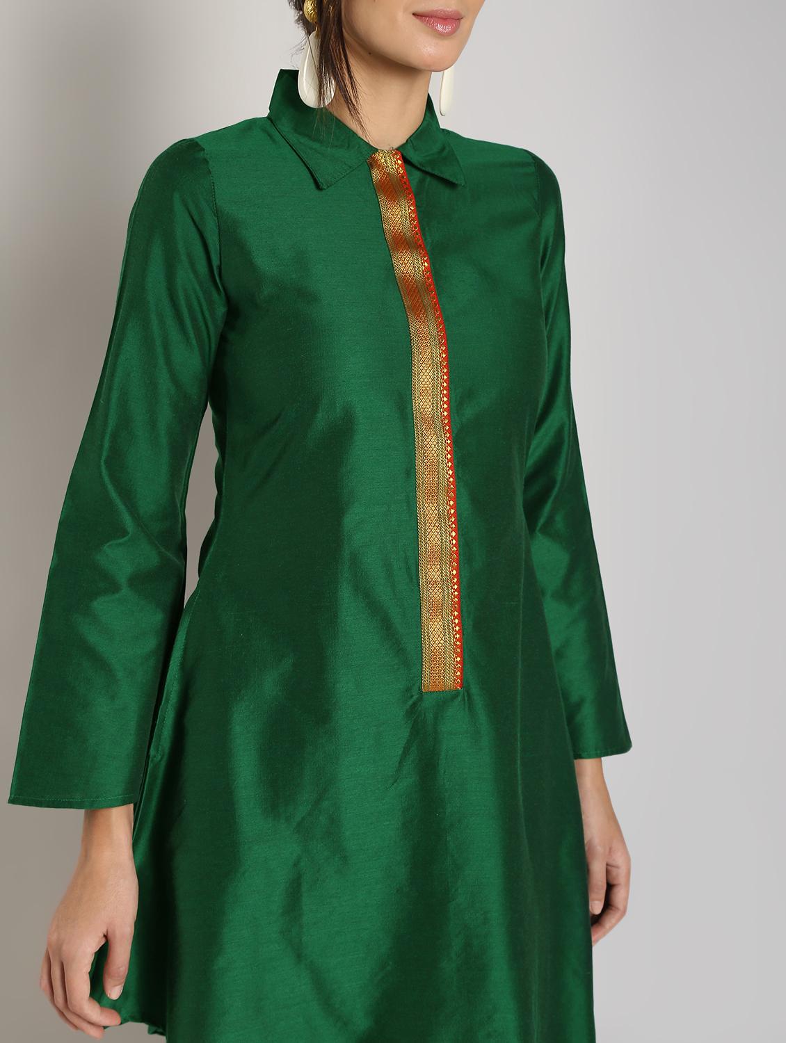bottle green silk asymmetric kurta - 16651270 - Zoom Image - 5