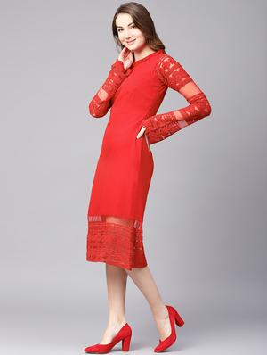 lace detail bell sleeved a-line dress - 16652285 - Standard Image - 2