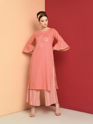 embroidered kurta with stripes palazzo set - 16657902 - Standard Image - 2