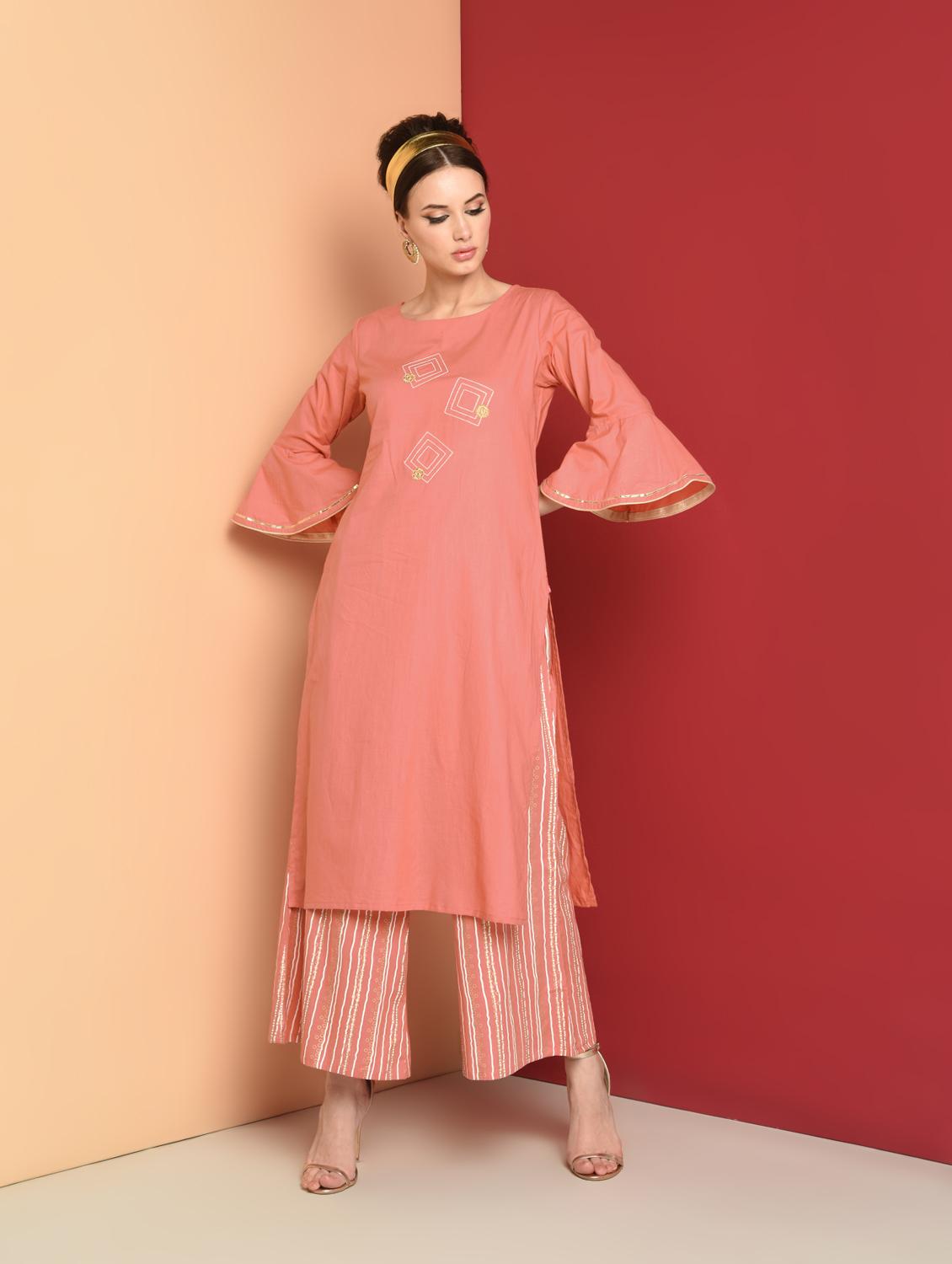 embroidered kurta with stripes palazzo set - 16657902 - Zoom Image - 2