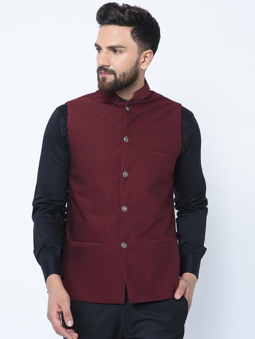 red woven nehru jacket - 16657992 - Very Small Image - 1