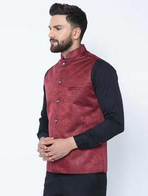 red silk blend self design nehru jacket - 16657994 - Standard Image - 2