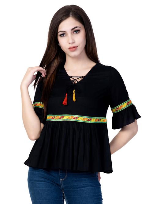 tassel tie up contrast lace top - 16658501 - Standard Image - 1