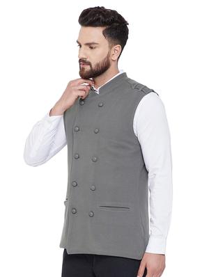 grey self design double breasted nehru jacket - 16659373 - Standard Image - 2