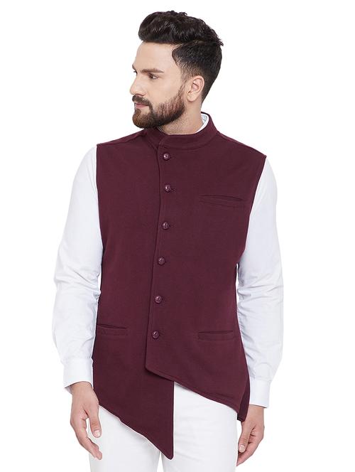 maroon solid nehru jacket - 16659380 - Standard Image - 1