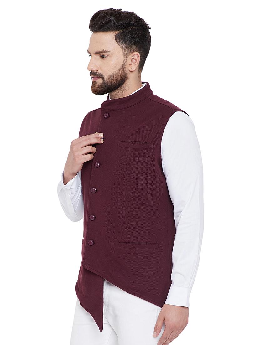 maroon solid nehru jacket - 16659380 - Zoom Image - 2