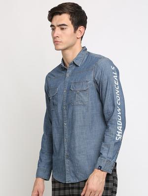 blue printed denim casual shirt - 16661428 - Standard Image - 2