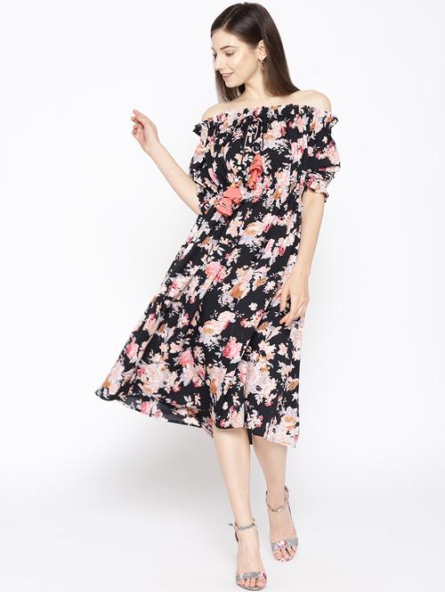 tie knot detail floral off shoulder dress - 16663628 - Standard Image - 1