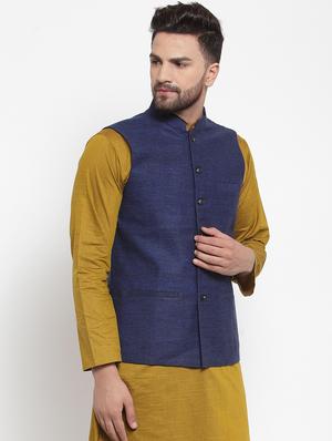 blue solid nehru jacket - 16665949 - Standard Image - 2