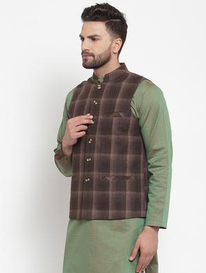 brown checkered nehru jacket - 16665954 - Standard Image - 2