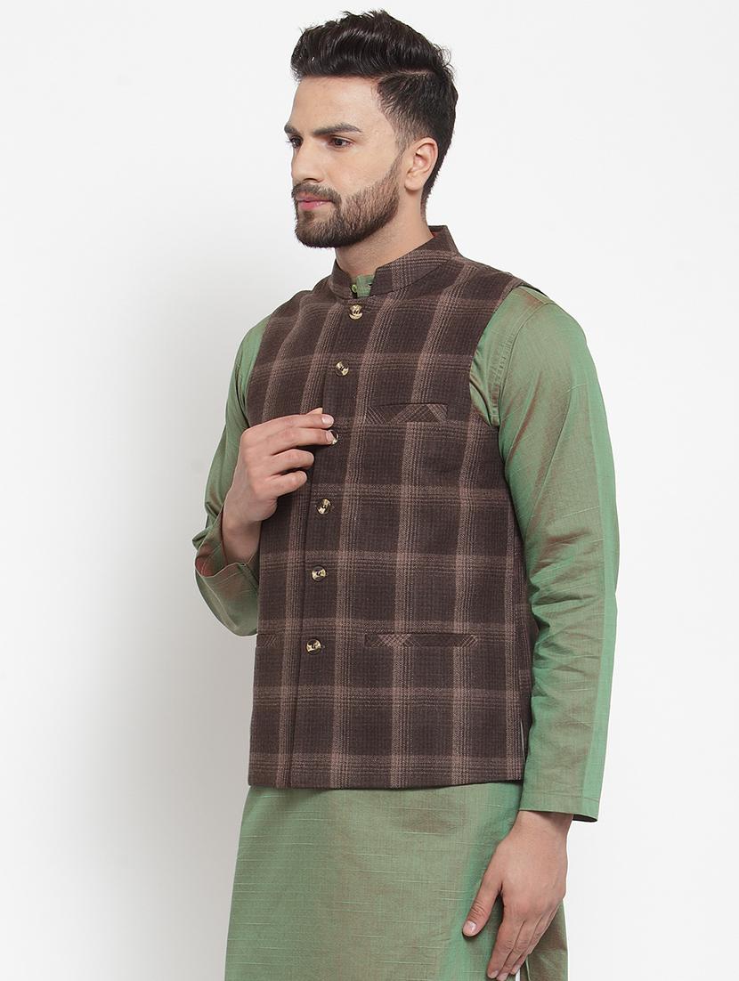 brown checkered nehru jacket - 16665954 - Zoom Image - 2