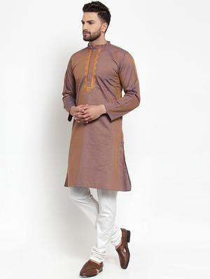 brown solid long kurta with embroidered neckline - 16665958 - Standard Image - 2