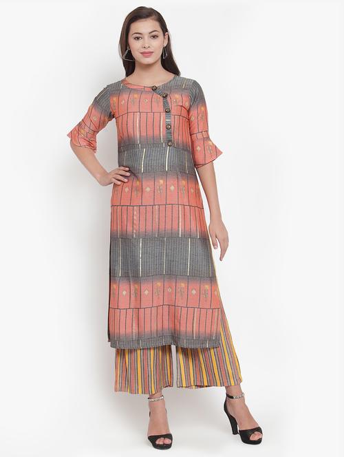 printed straight kurta with palazzo set - 16666414 - Standard Image - 1