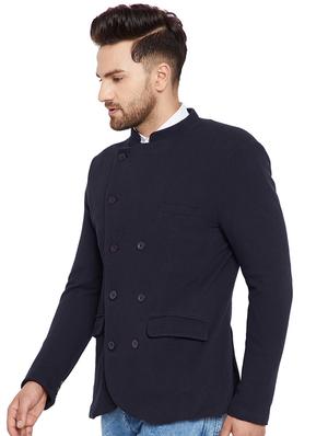 navy blue self design single breasted casual blazer - 16667546 - Standard Image - 2