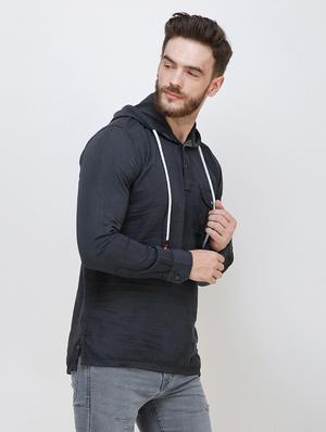 grey solid denim casual hooded shirt - 16672999 - Standard Image - 2