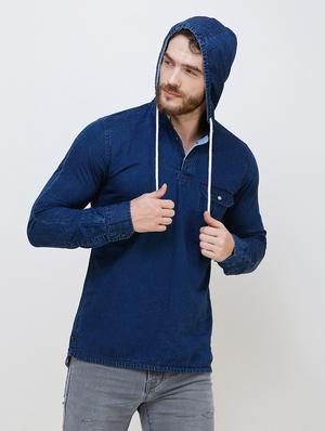 blue solid denim casual hooded shirt - 16673000 - Standard Image - 2