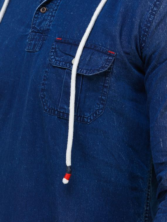 blue solid denim casual hooded shirt - 16673000 - Zoom Image - 5