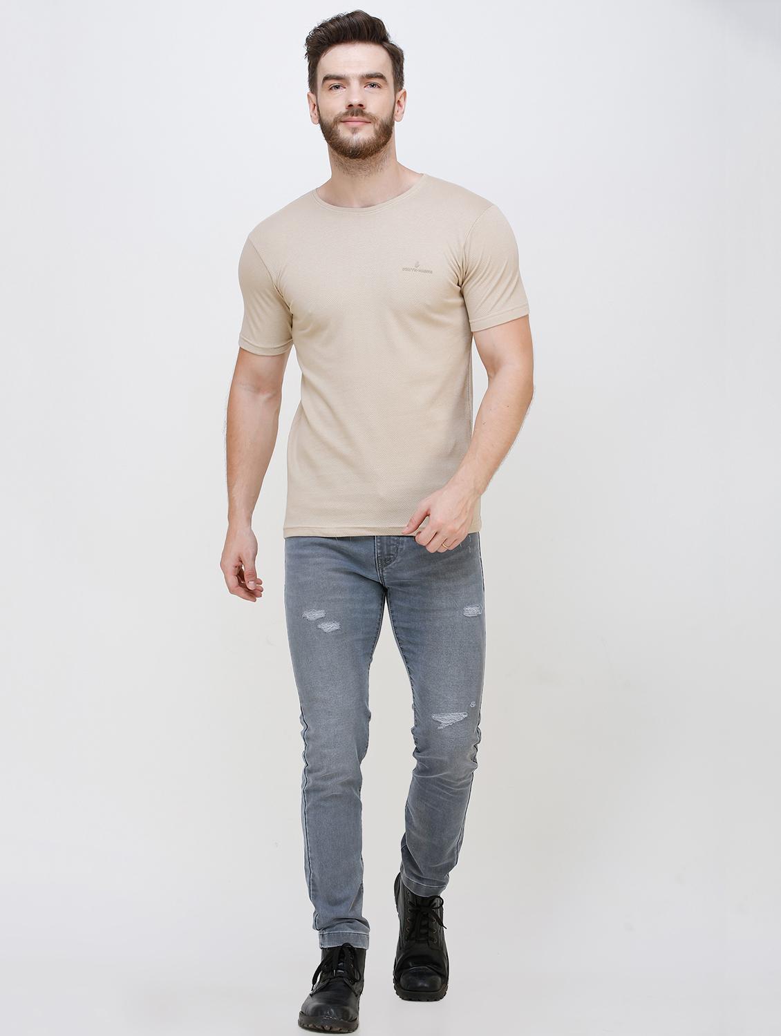 beige self design t-shirt - 16673050 - Zoom Image - 5