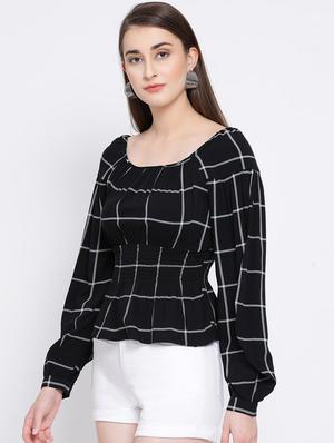 round neck smock detail checkered top - 16673807 - Standard Image - 2