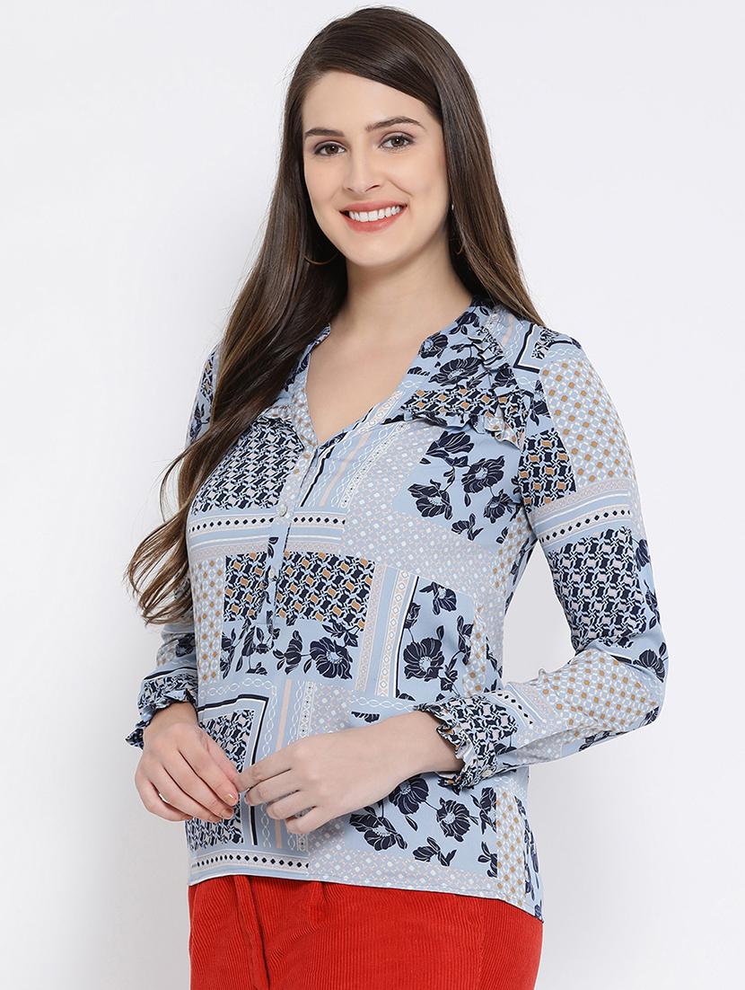 mandarin neck frill detail floral top - 16673821 - Zoom Image - 2