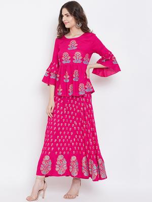 fuchsia block printed skirt with bell sleeves top set - 16674450 - Standard Image - 2