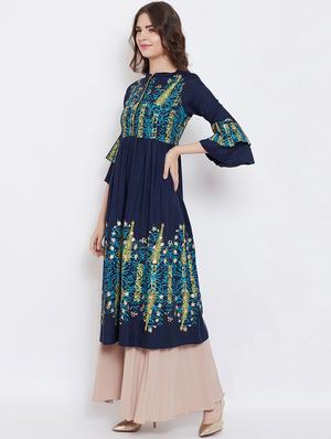 block print flared bell sleeves kurta - 16674776 - Standard Image - 2