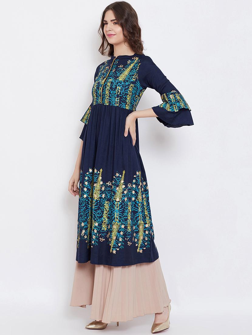 block print flared bell sleeves kurta - 16674776 - Zoom Image - 2