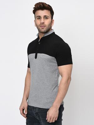 grey color block cut & sew collared t-shirt - 16674874 - Standard Image - 2