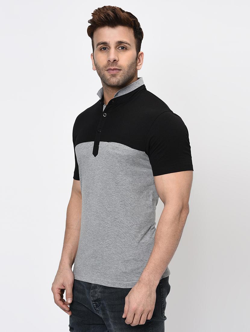 grey color block cut & sew collared t-shirt - 16674874 - Zoom Image - 2