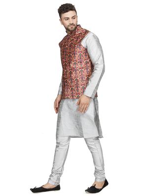 grey solid kurta pyjama set with nehru jacket - 16675096 - Standard Image - 2