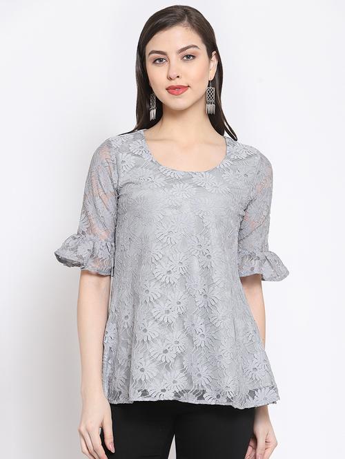round neck frill detail laced top - 16677122 - Standard Image - 1