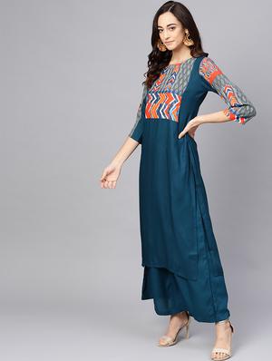 contrast yoke kurta palazzo set - 16678185 - Standard Image - 2
