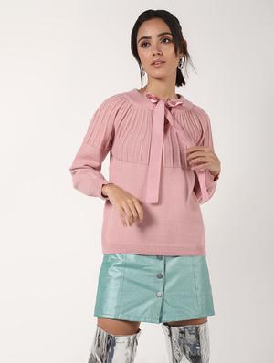 tie up neck solid wool pullover - 16680306 - Standard Image - 2