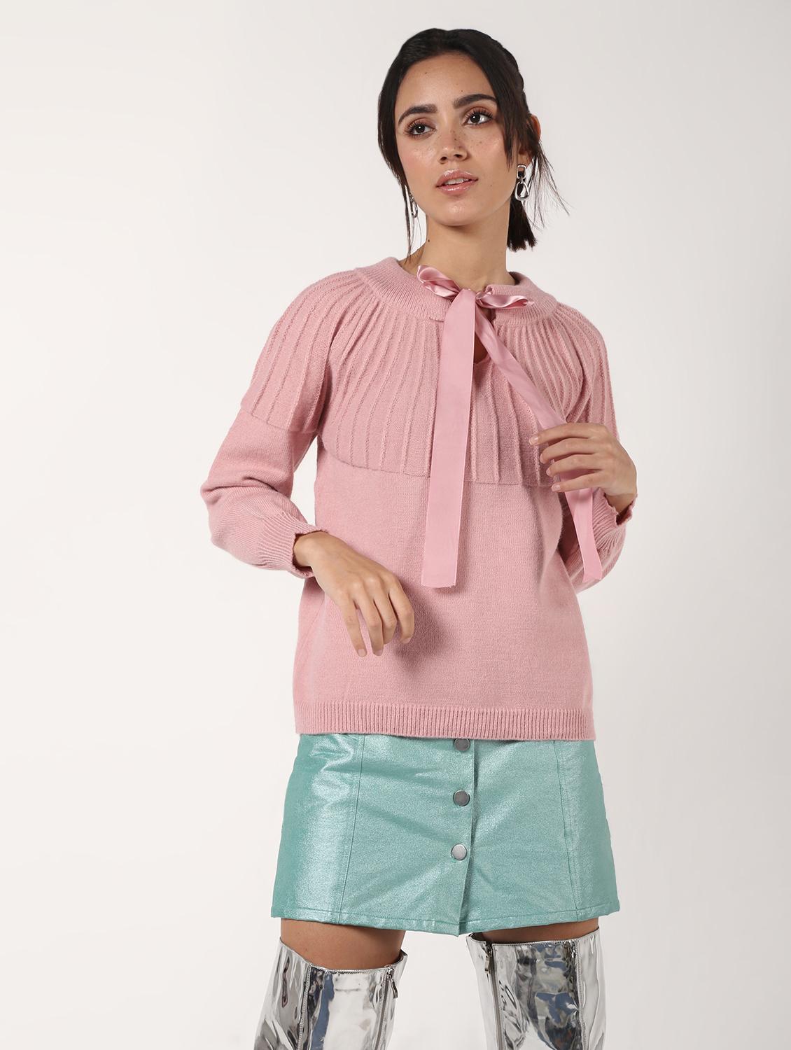 tie up neck solid wool pullover - 16680306 - Zoom Image - 2
