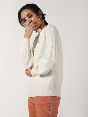 tie up neck solid wool pullover - 16680307 - Standard Image - 2