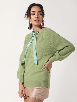 tie up neck ribbed detail wool pullover - 16680316 - Standard Image - 2