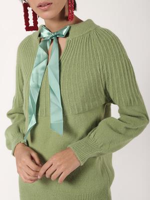 tie up neck ribbed detail wool pullover - 16680316 - Standard Image - 5