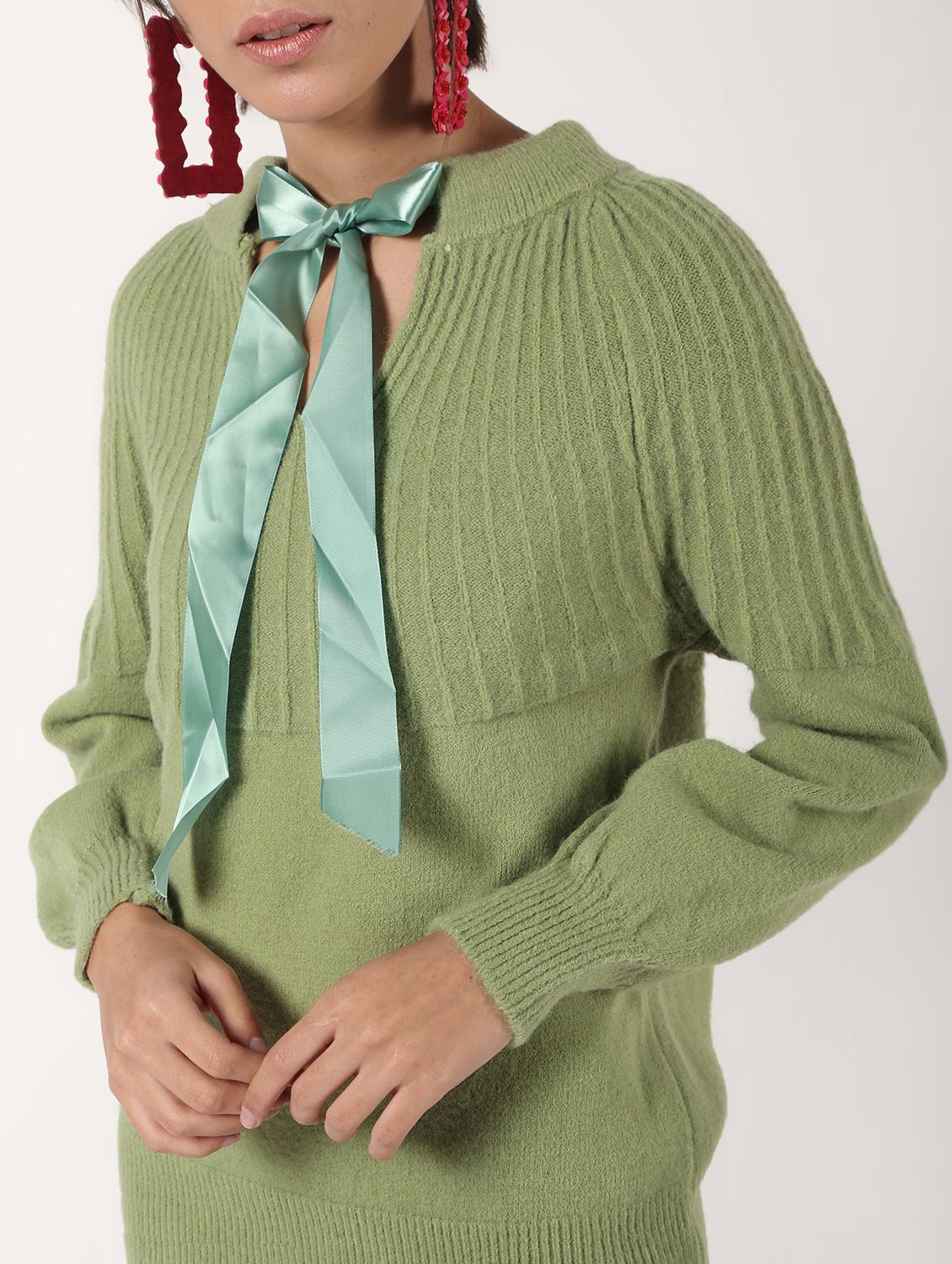 tie up neck ribbed detail wool pullover - 16680316 - Zoom Image - 5