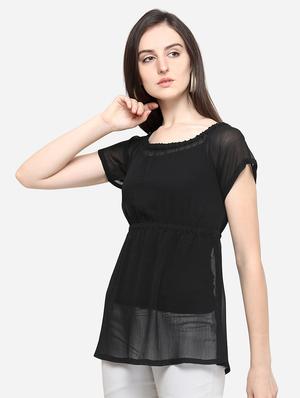 round neck ruched solid top - 16680458 - Standard Image - 2