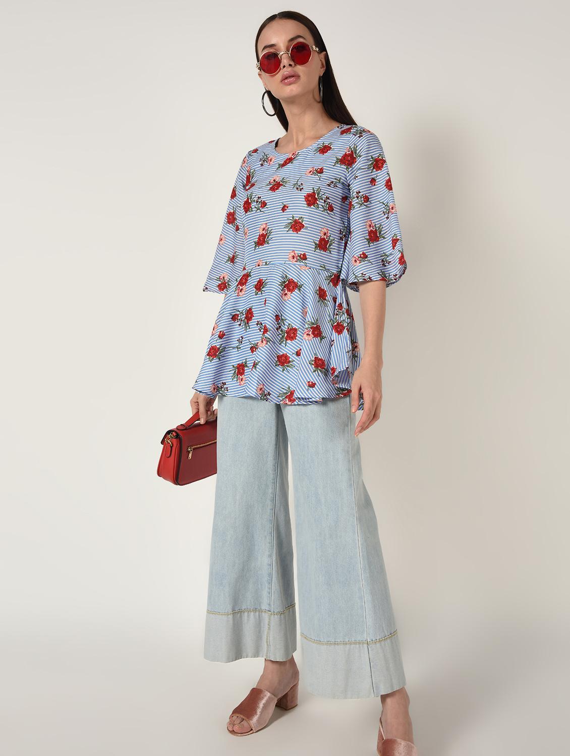 round neck bell sleeved striped top - 16684732 - Zoom Image - 2