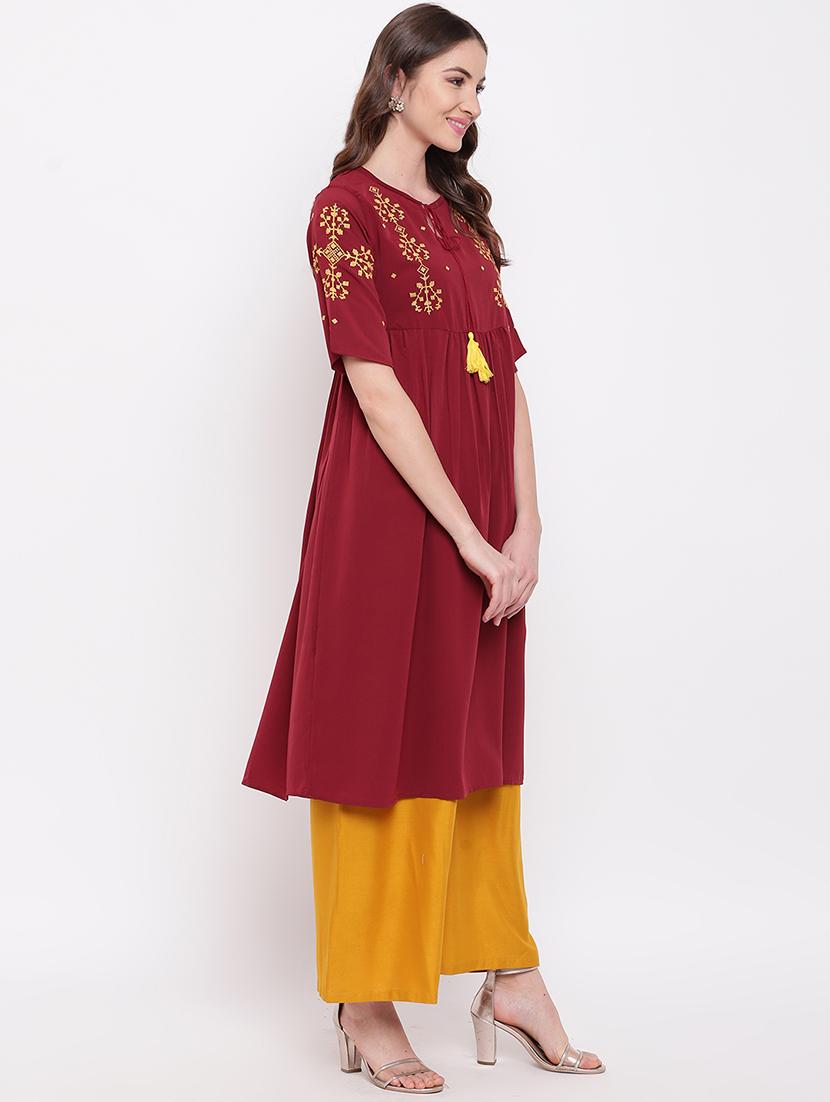 yoke embroidered flared kurta - 16684762 - Zoom Image - 2