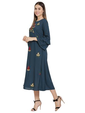 bell sleeved floral embroidered a-line dress - 16685514 - Standard Image - 2