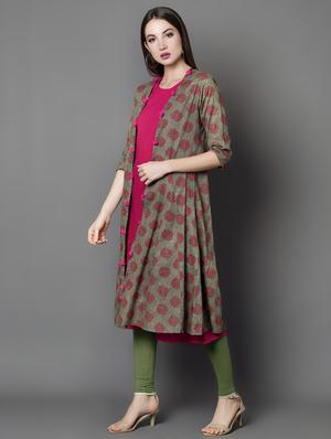 solid a-line kurta with printed jacket kurta - 16687129 - Standard Image - 2