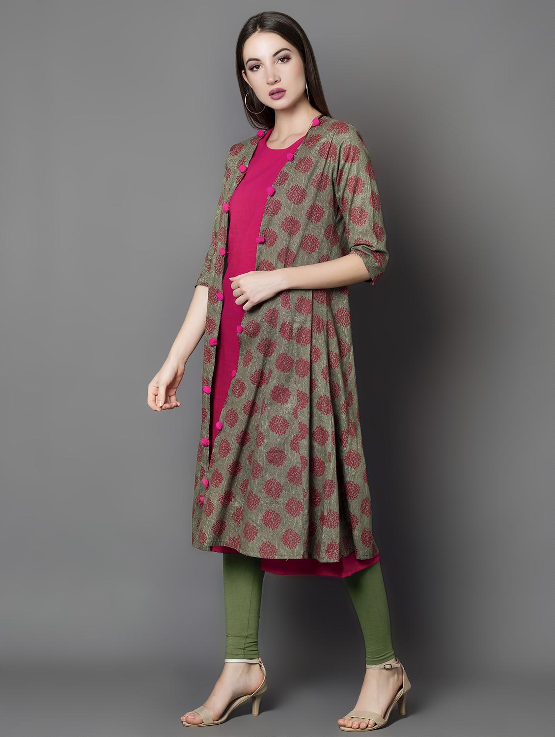 solid a-line kurta with printed jacket kurta - 16687129 - Zoom Image - 2