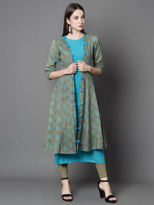 solid a-line kurta with printed jacket kurta - 16687130 - Standard Image - 1