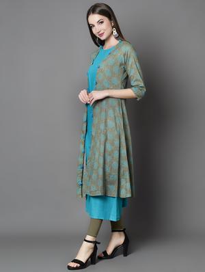 solid a-line kurta with printed jacket kurta - 16687130 - Standard Image - 2