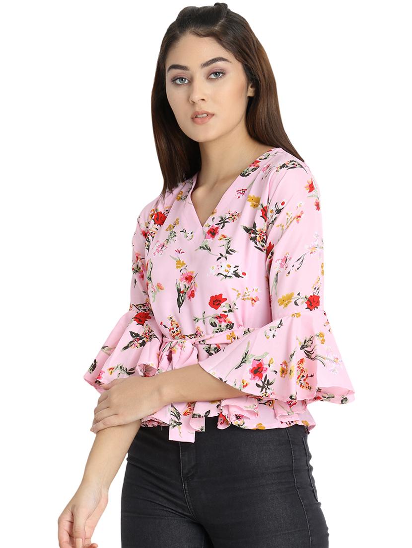 tie knot bell sleeved floral ruffle top - 16689733 - Zoom Image - 2