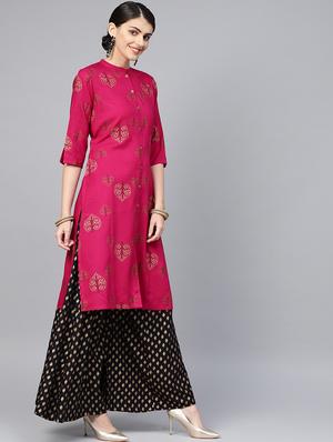 fuchsia block printed kurta with palazzo set - 16692820 - Standard Image - 2